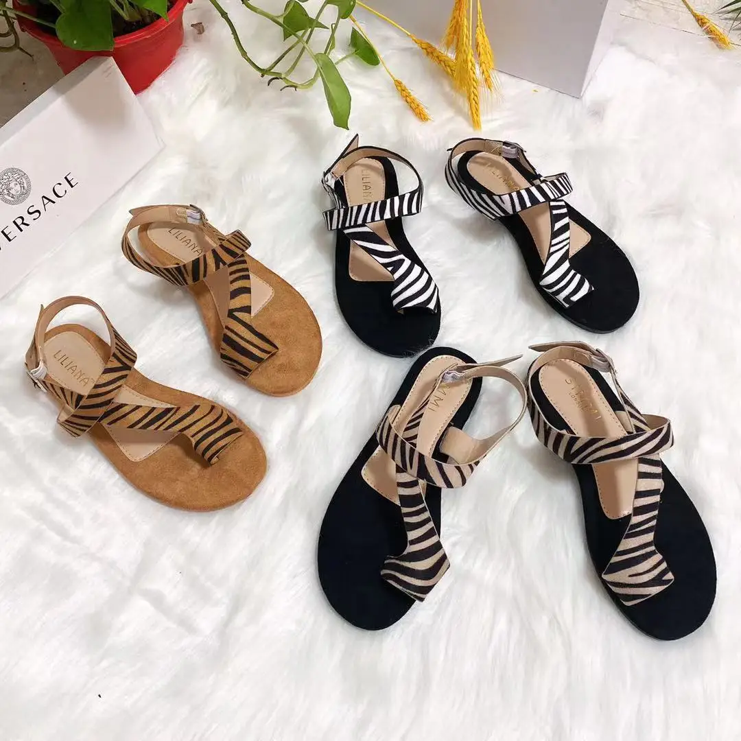 New designer zebra flannel leather flat shoes women fashion ladies sandals summer slippers
