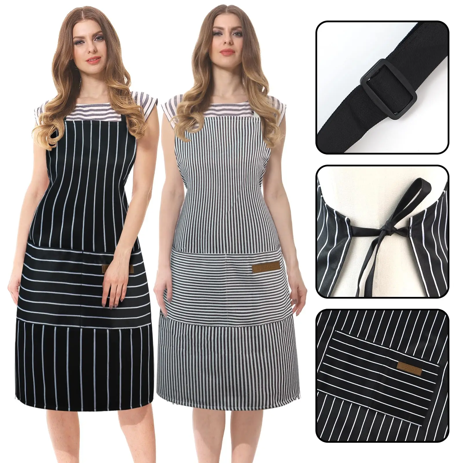 Wholesale Waterproof Stripe Adjustable Polyester Cotton Cooking Chef Kitchen Apron with Custom Logo And Pockets