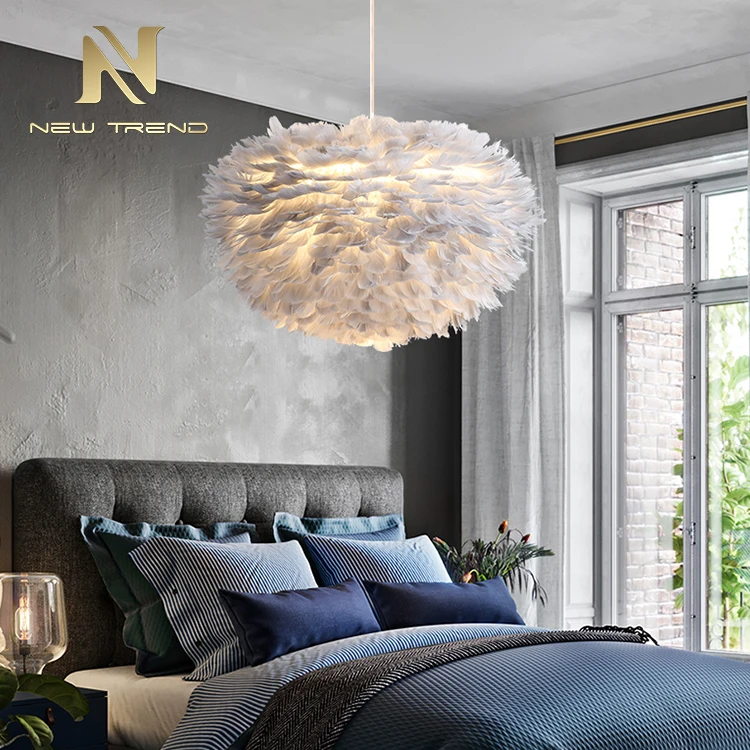 Contemporary Style Home Decoration Fixtures White Feather E27 Led Chandelier Pendant Light