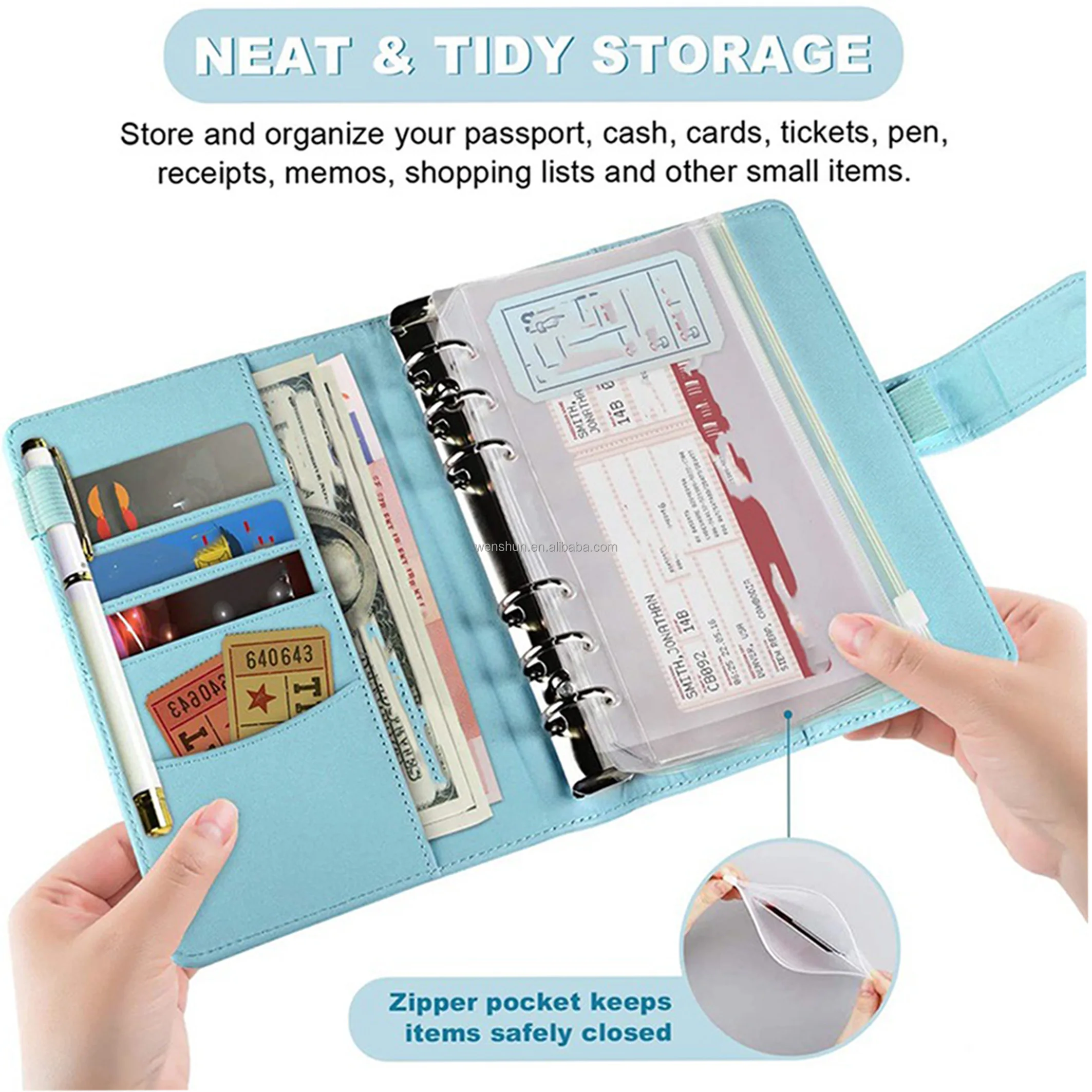Custom A6 A7 Pu Leather Monthly Wallet Budget Planner Binder With Zipper Envelopes