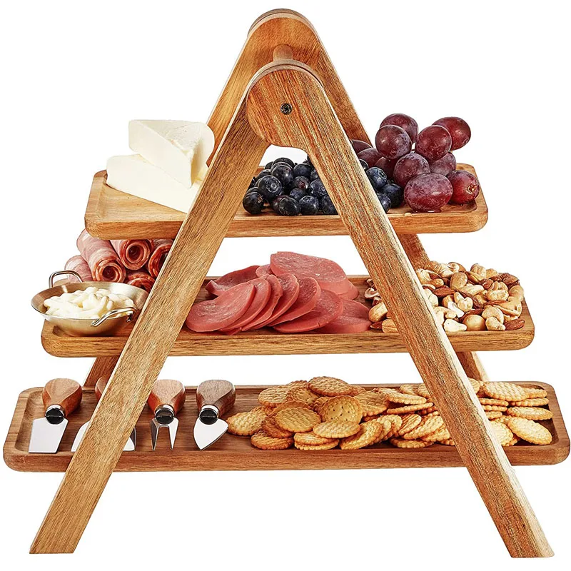 Деревенские Деревянные 3-ярусные тарелки для сыра сервировочные колбасных изделий прямоугольный поднос кексов закусок фруктов деревянный многоярусный