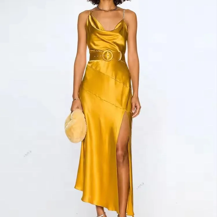Womens Vestidos Luxury Sleeveless Gold Belt Ruffles Irregular Satin Dress Evening For Women Ladies