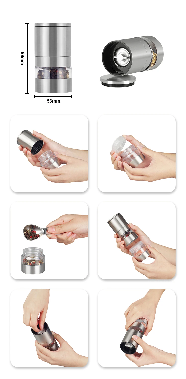 Stackable Stainless Steel Salt Pepper Mill Set Mini Dry Spice Grinder with Ceramic Burr Manual Herb & Spice Tools
