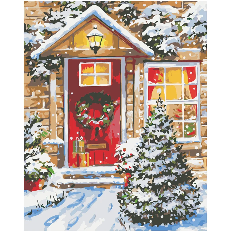 Christmas Picture Painting by Number Scenery Painting on Canvas Oil Painting Snow House Fine Festival Gifts