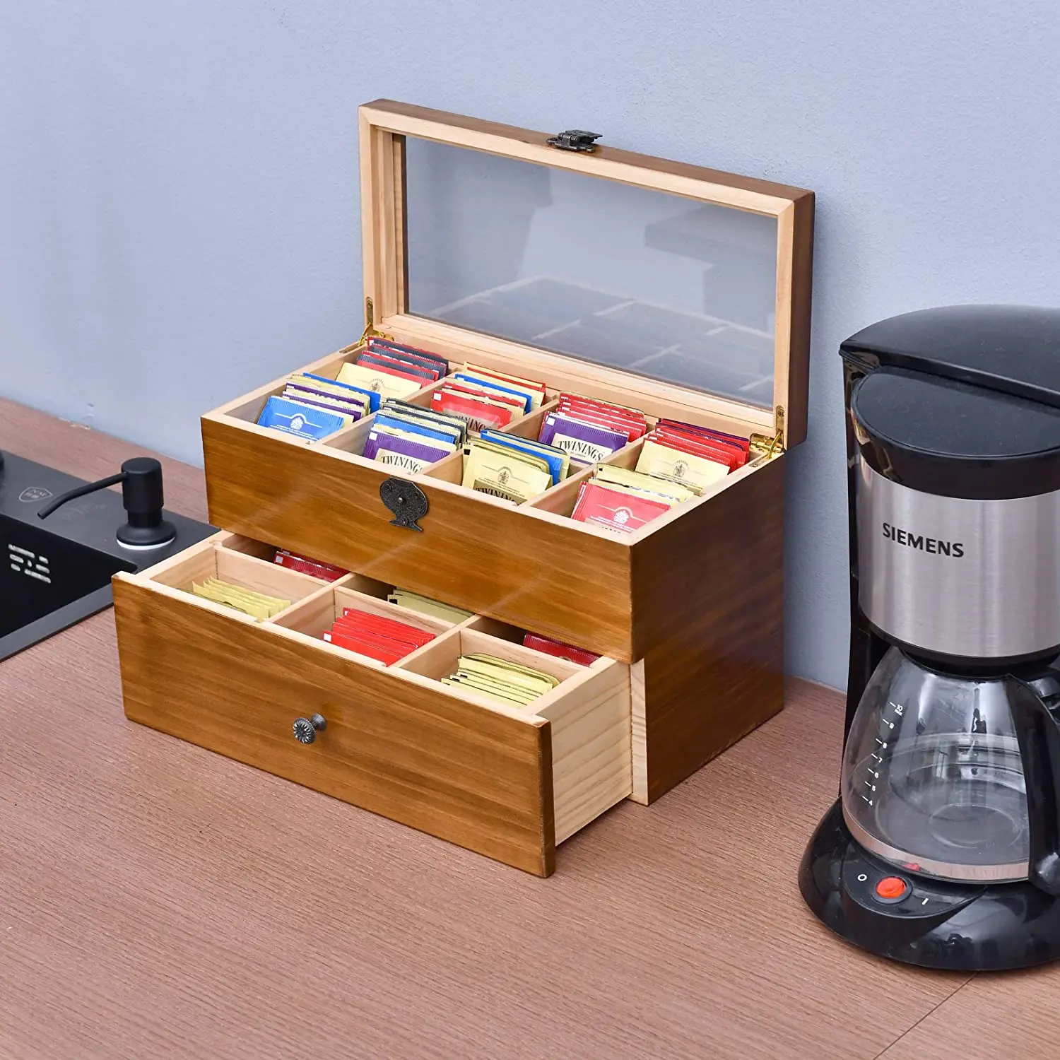 Large Capacity Vintage Wood Tea Bag Box Tea Storage Chests with Clear Lid Wooden tea box