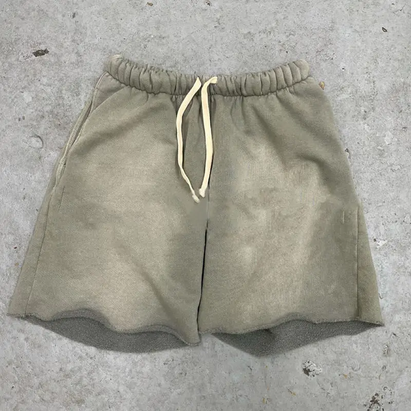 Custom High Quality Plain Fleece Blank Acid Washed Hoodie And Sweat Raw Hem Shorts Sun Faded Two Piece Set Short Tracksuit