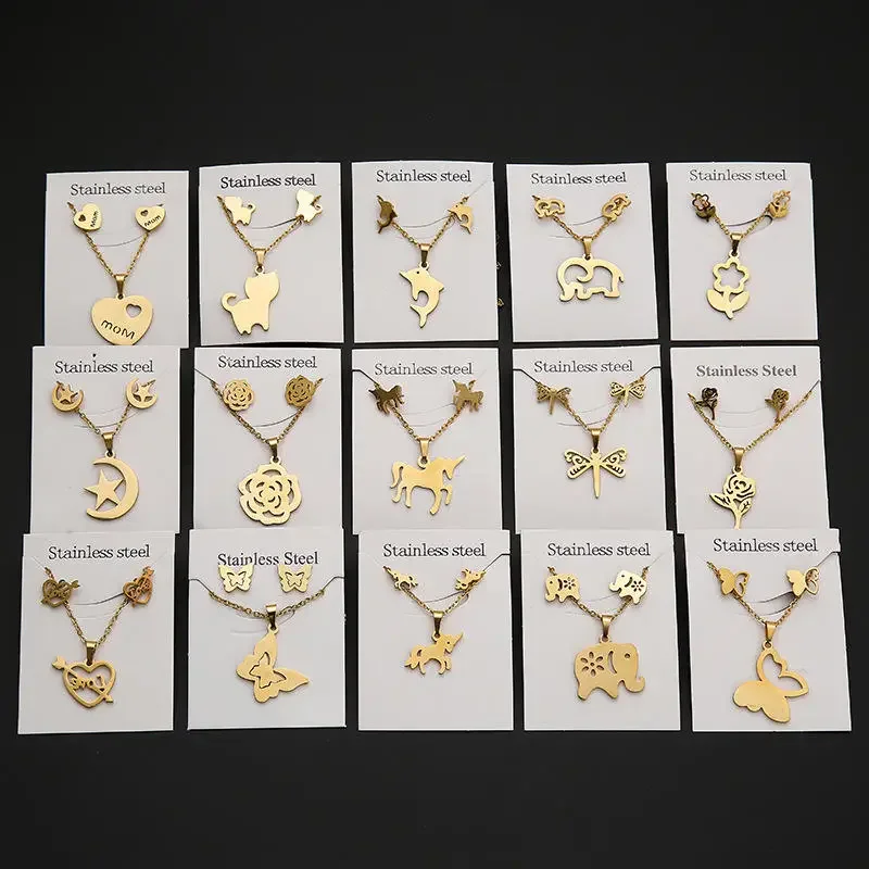 Wholesale Cheap fine Gold Plated Star Heart Butterfly Pendant Jewelry Set Three-Pieces Stainless Steel Necklace And Earrings Set