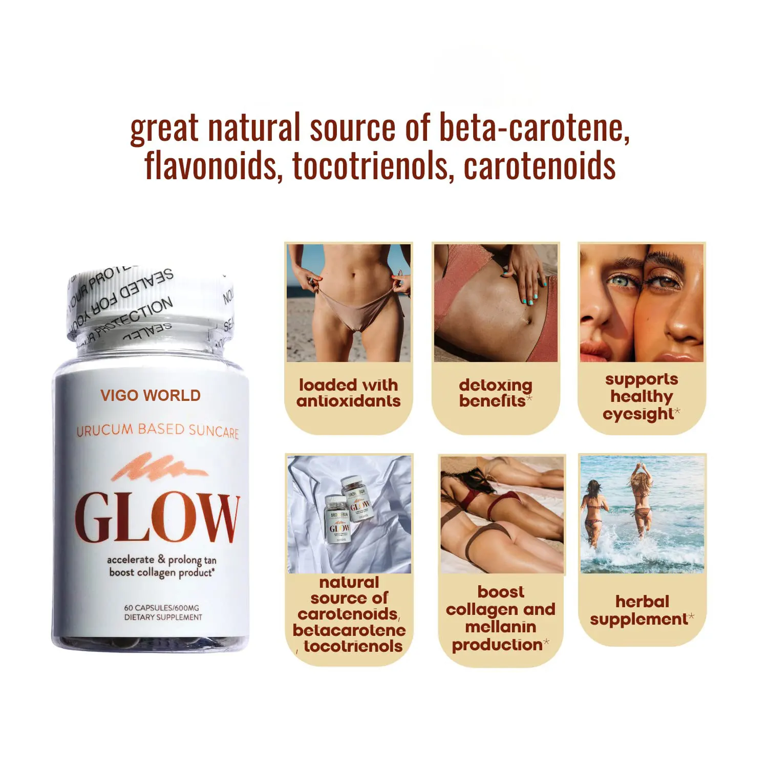 Natural Glow Vitamins A Capsules Antioxidants Melanin Collagen Tanning Pills for Men & Women Skin Health