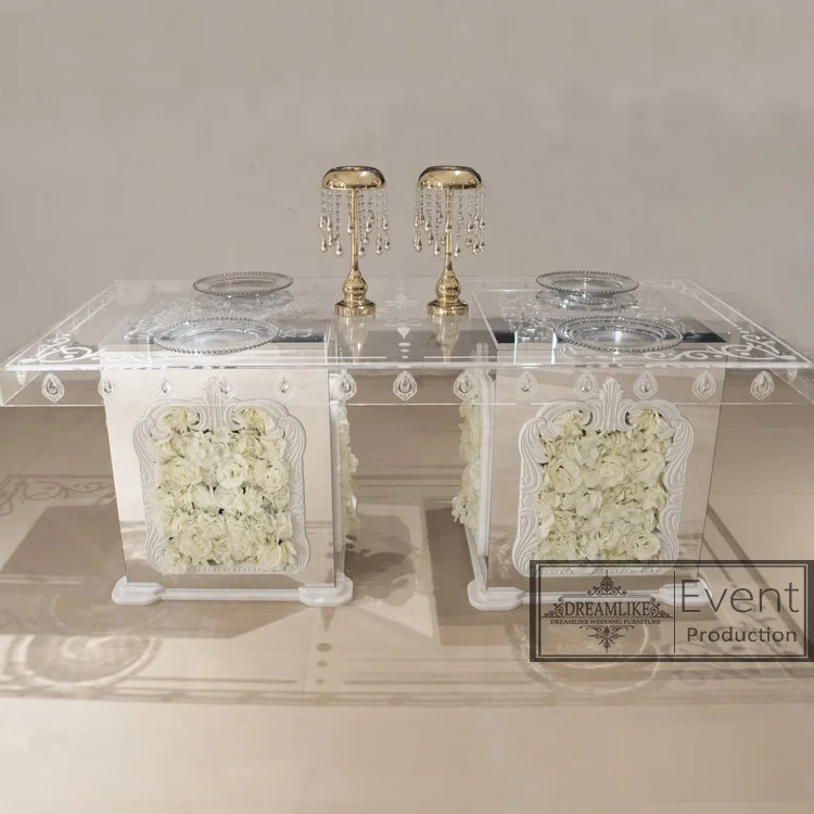 New design rectangle clear acrylic top silver acrylic wedding table with flowers