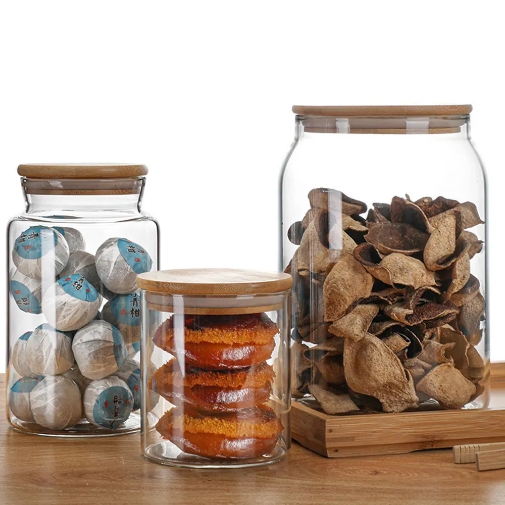 Eco-friendly borosilicate cookie candy honey food glass storage jar with airtight bamboo lid storage tank