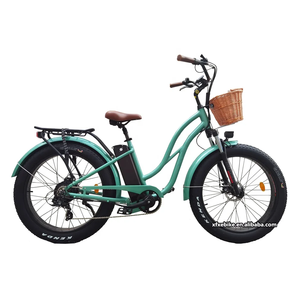 Stock Retro 48V 500W/750W/1000W Beach Cruiser Electric Bike 26*4.0 Inch Fat Tire Step Through Electric Bicycle With Basket Ebike