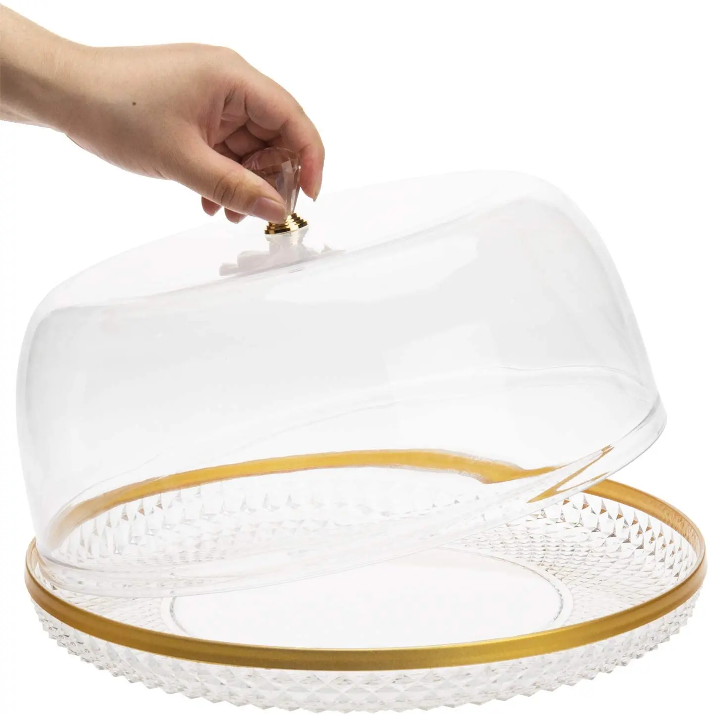 30.48cm transparent food grade acrylic cake/dessert tray with diamond rim with bell dome cover