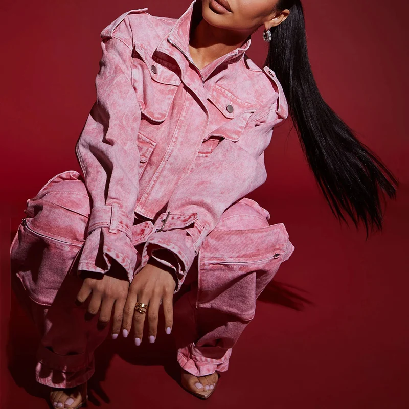 Custom Cropped Cargo Jacket and Baggy Jeans Two Pieces Outfits Street Women Denim Set