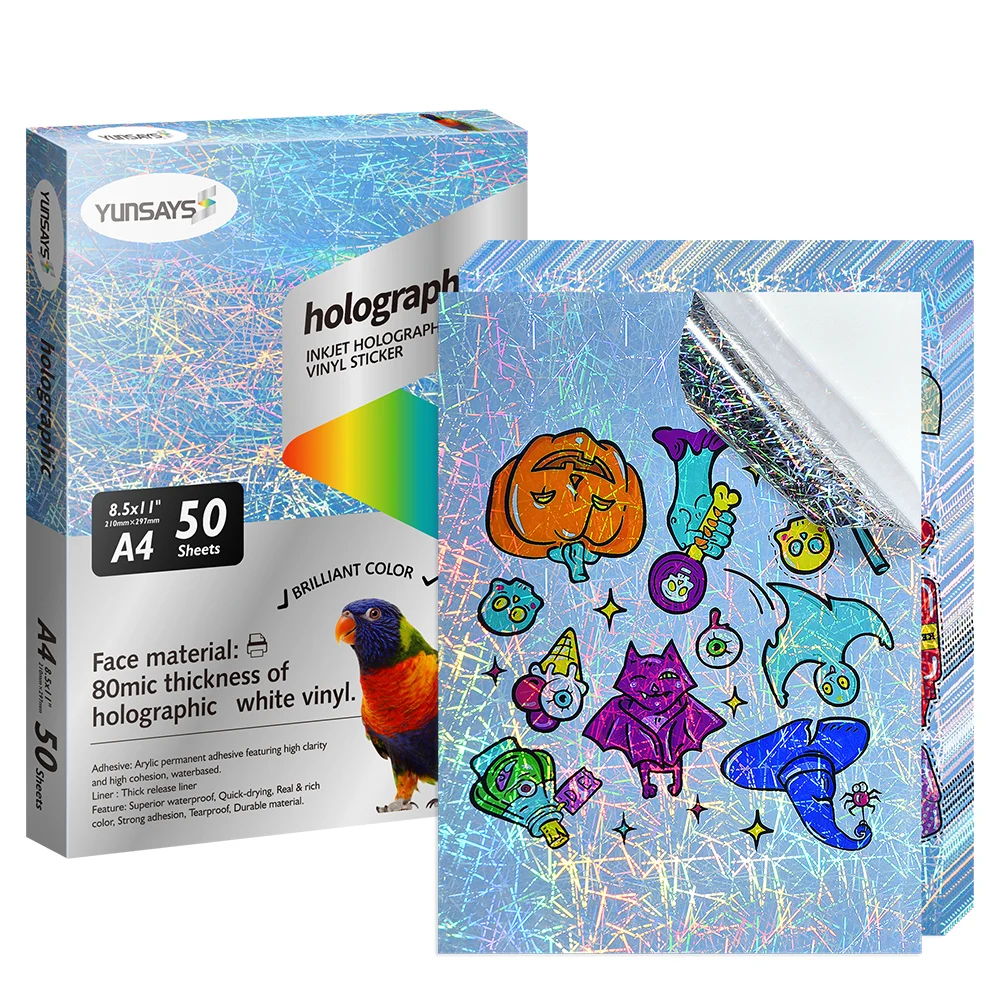 Printable Vinyl 8.5* 11 inches Waterproof Rainbow Vinyl Holographic Sticker Paper For Laser And Inkjet Printer