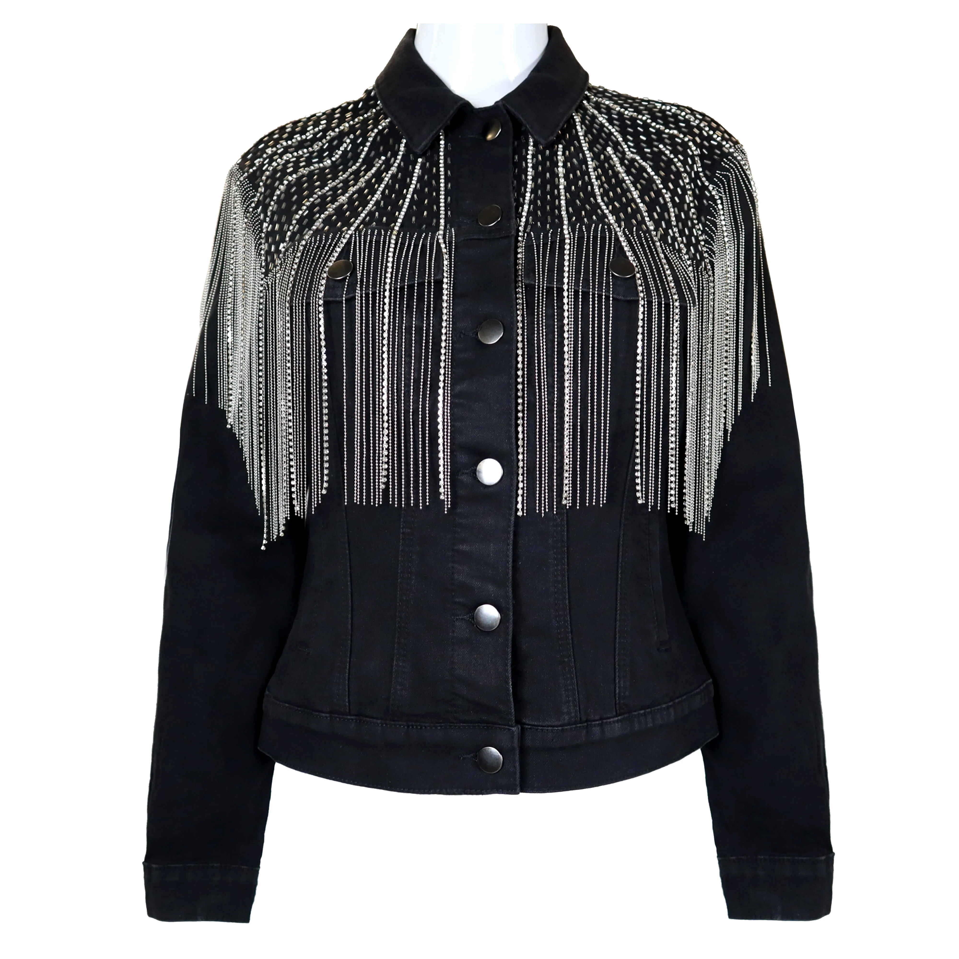 Custom Private Label Women Distressed Wash Shacket free edge Denim Jackets With Rhinestone Fringe