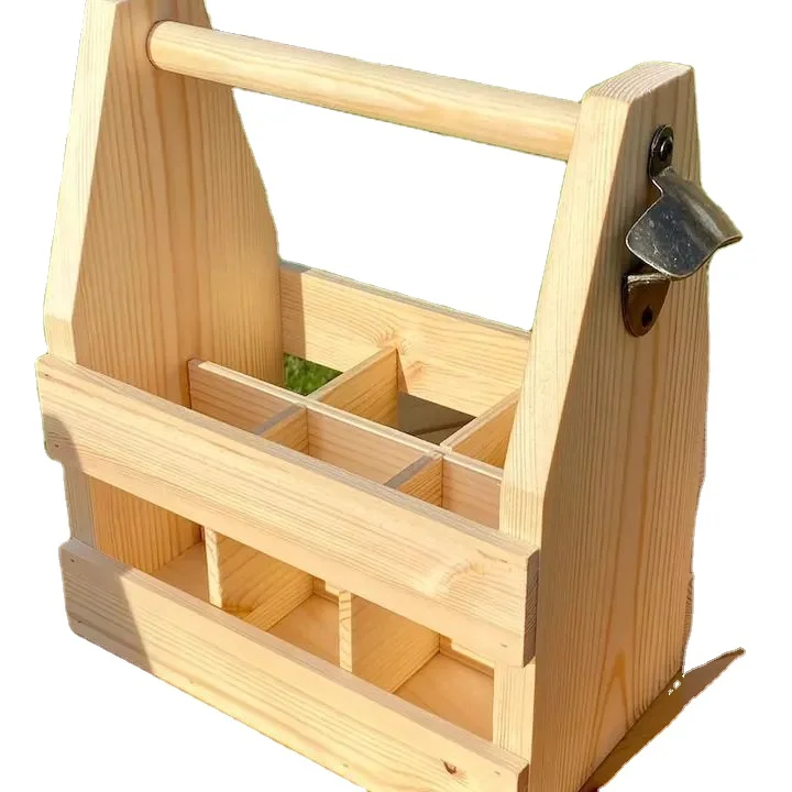 Customized design wooden beer bottle caddy with opener drink storage holder