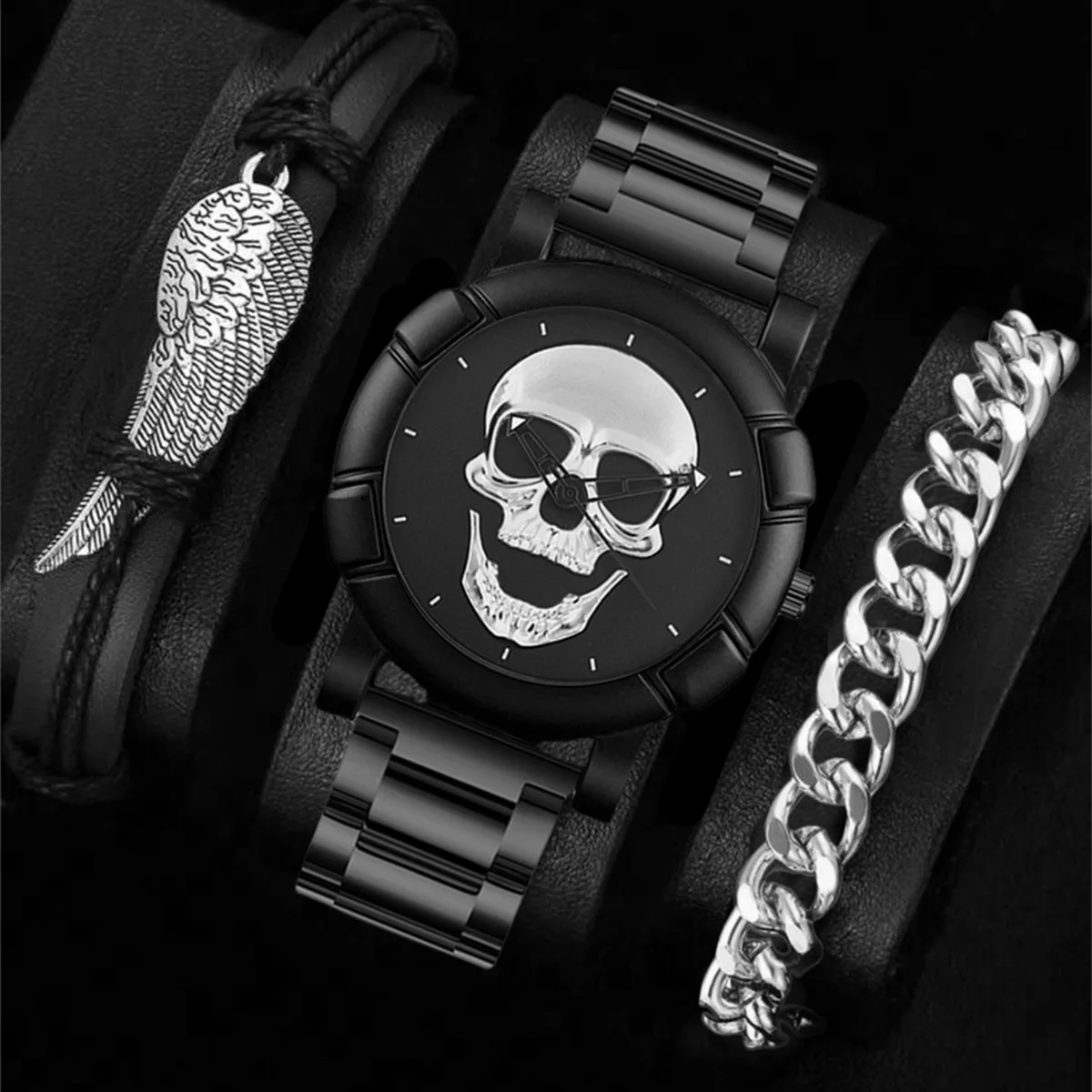 3PCS Halloween Mens Skull Watch Classic Hiphop Fashion Male Black Bracelet Watch Set Outdoor Casual Sports Wristwatch For Men