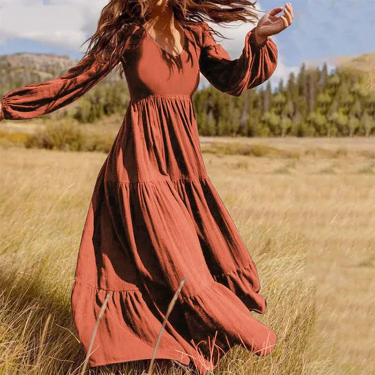 V Neck Ruffle Smock Dress A-line Comfortable Holiday Loose Pleated Dress 2023 Hot Selling Long Maxi Dress Women