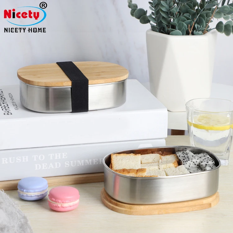 Nicety Bamboo Bento Oval  Meal Box Recyclable Stainless Steel Lunch/Breakfast Box For Kids Food Container Durable Easy to clean