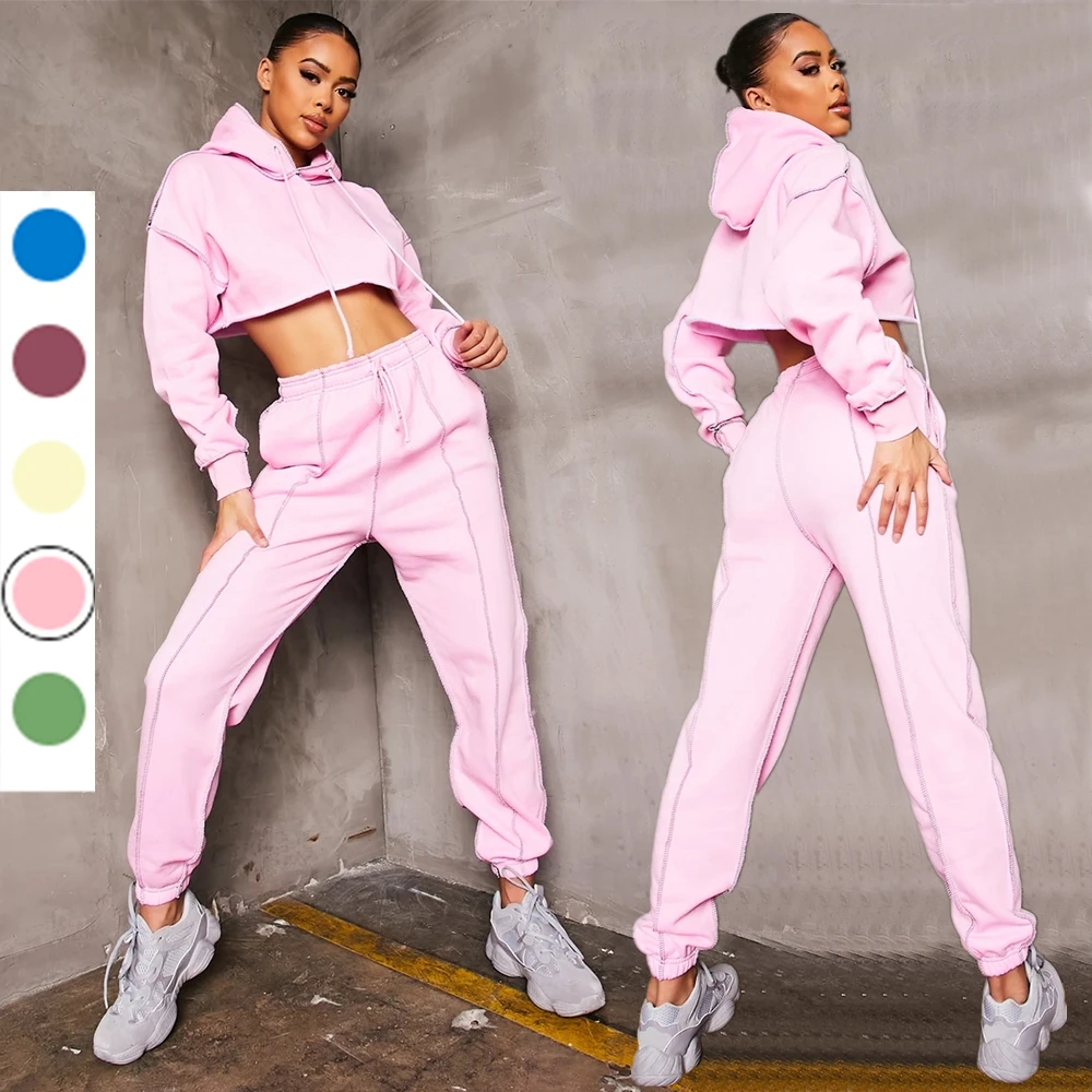 2022 Pink contrast stitch cropped hooded loungewear set fashion ladies joggers pants suits womens 2 piece sets