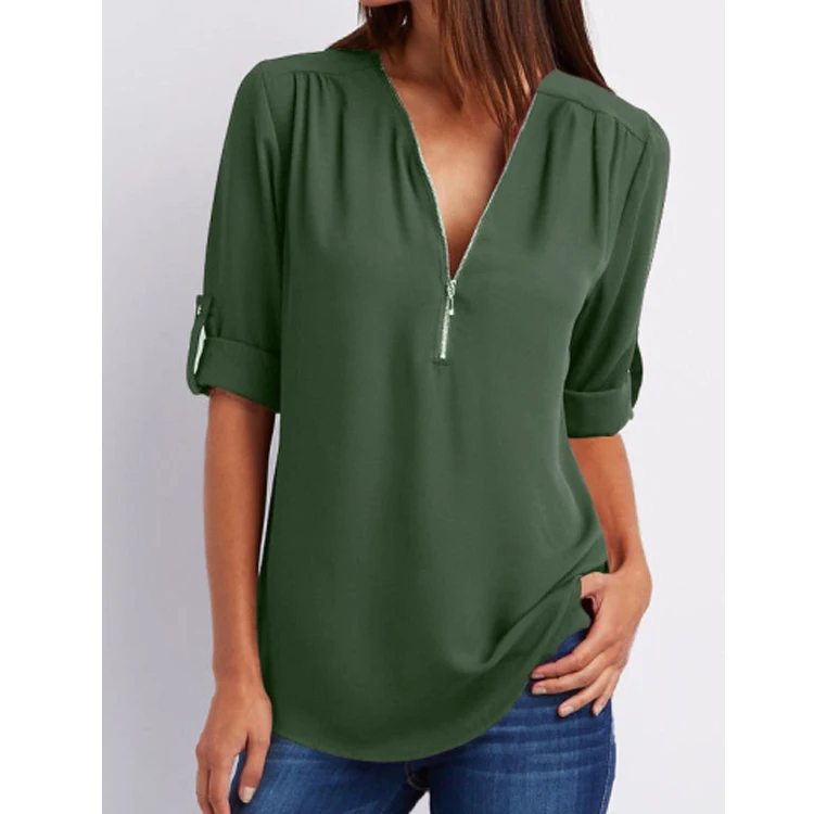 
2019 New Fashion Women Tops 17 Colors Plus Size V-Neck Long Sleeve Chiffon Elegant Design Women Blouse Lady Shirt 