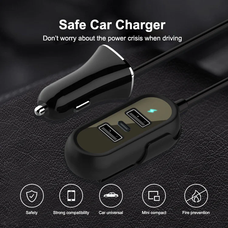 Wholesale Fast Charging Front Seat and Back Seat 4 Port USB Car Charger USB A and Type C PD With Extension Cable 1.4m