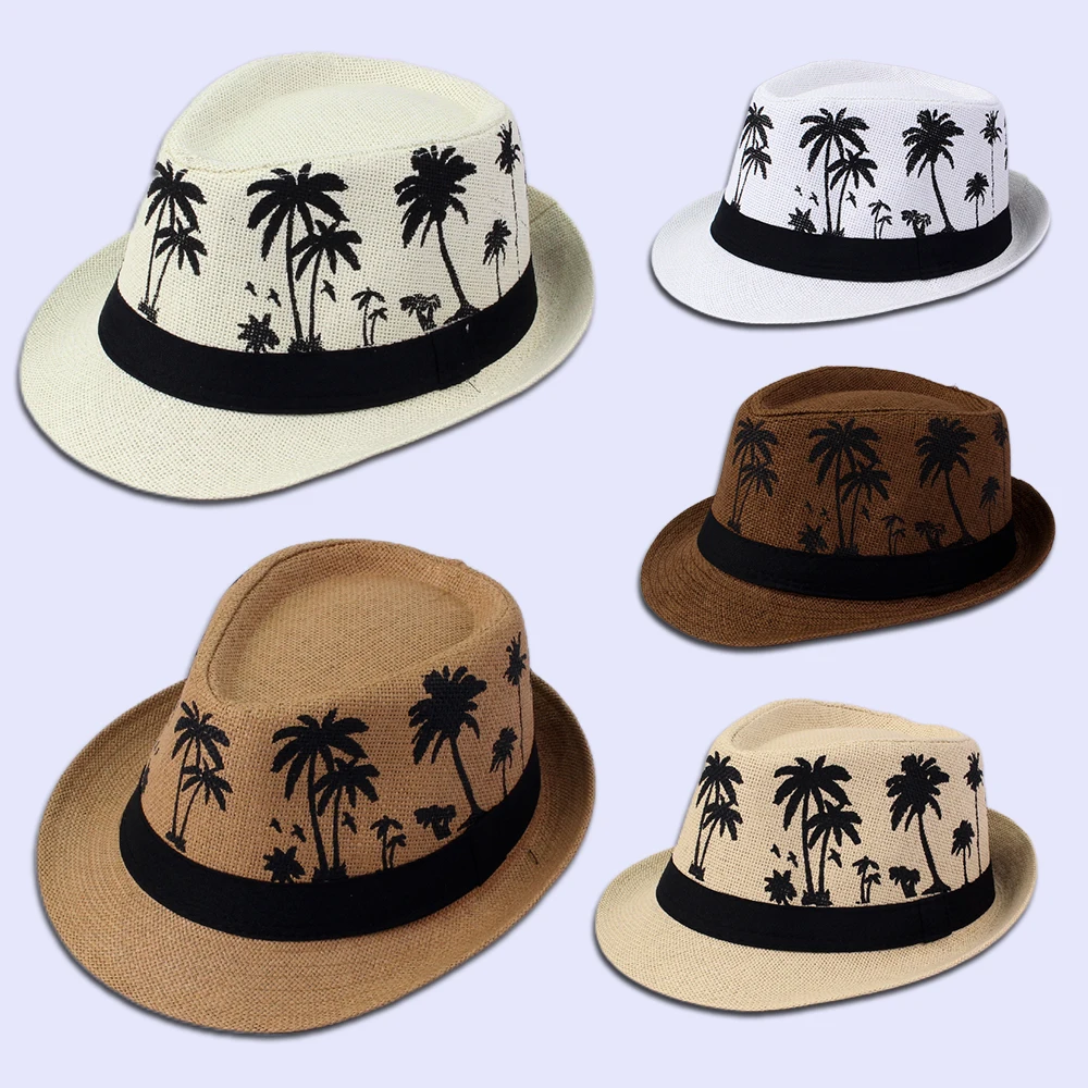 Wholesale Custom Summer Beach Sun Hat  Printed Logo Jazz Cap Panama Straw Hat Travel Sun Cap Panama Fedora Straw Hat Men