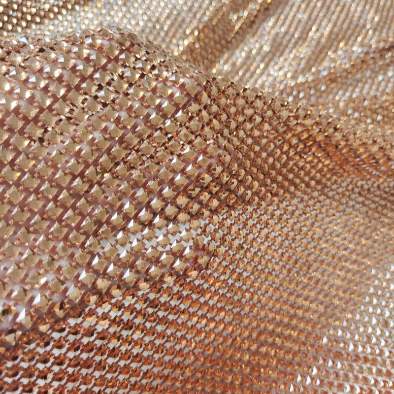 Haute Couture Light Peach Gold Crystal Rhinestone Square stretchable mesh crystal net for wedding gown