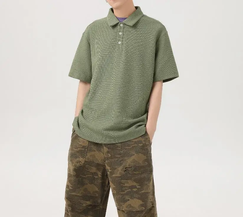 220G Solid Color Waffle Short Sleeve Polo Shirt High Quality Cotton Custom Print Polyester 98% Spandex 2%