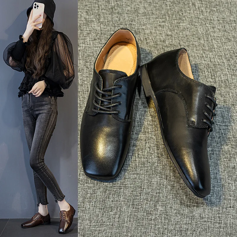 New Products All Season Formal Single Shoe Head Layer Cowhide Flat Lace-Up Office Shoes Commuter Nurse Shoes