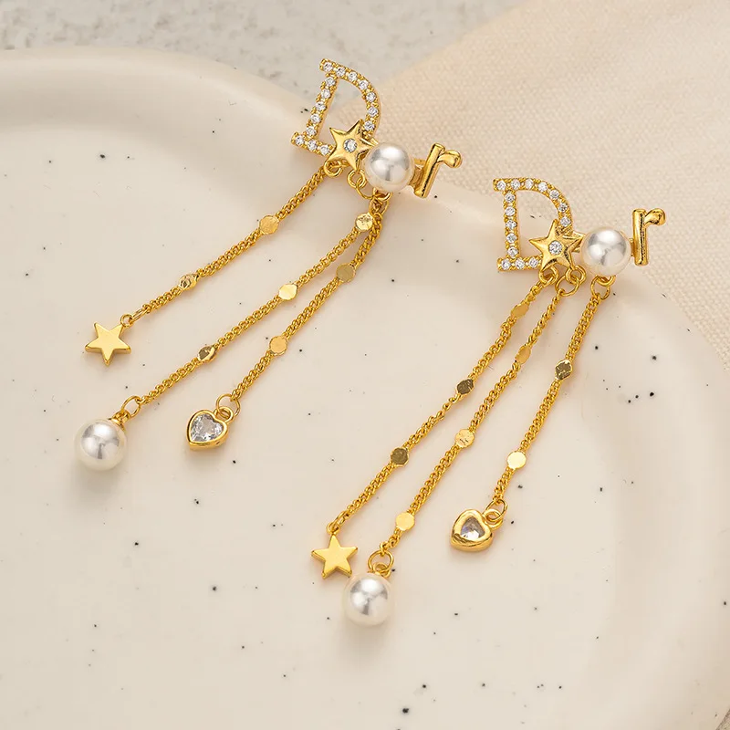 Fashion Classic Star Love Heart Luxury Designer Letter D Pearl Tassel Earrings for Women Inspired Jewellery