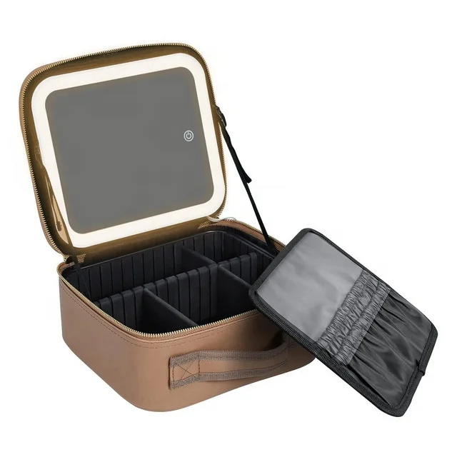 Multifunctional Pu Leather Cosmetic Case Travel Makeup Storage Box Led Cosmetic Bags
