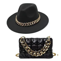 Hot sell Wide Brim Panama Hat Fedora Cap Oversized Chain Accessory Bag Hat  For Women Luxury New Hat Latest Chain Two-piece Set