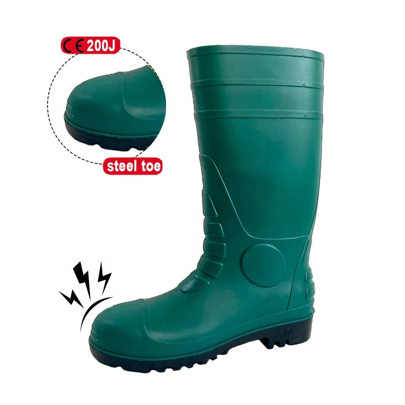 CE Unisex Rain Shoes PVC Midsole Dark Green Boots with Steel Toe and Steel Safety Work Rubber Industry Production Waterproof