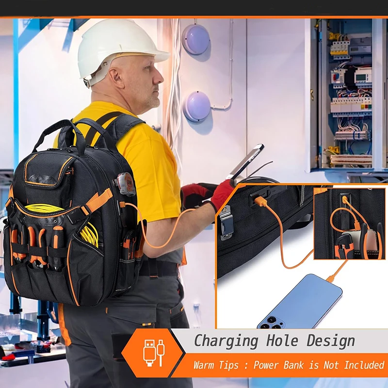 Waterproof Tool Bag With Laptop Compartment Durable Tool Carrier with Charging Port Large Capacity Tools Storage Backpack