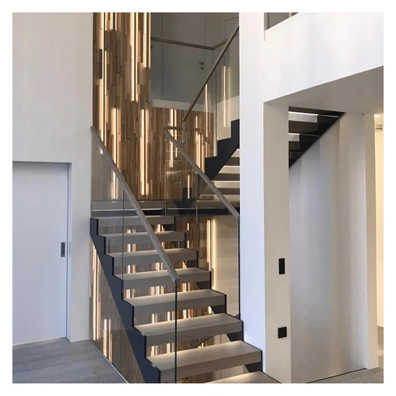 Alucasa Solid Wood Step Straight Staircase With Stainless Steel Cable Railing For Villa