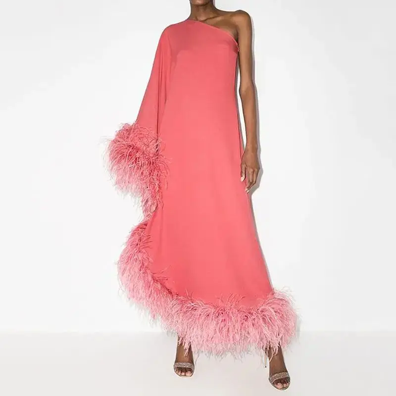 2023 Luxury Gowns Women Muslim Women Evening Robe Dress One Shoulder Fur Ostrich Feather Long Silk Evening Dress