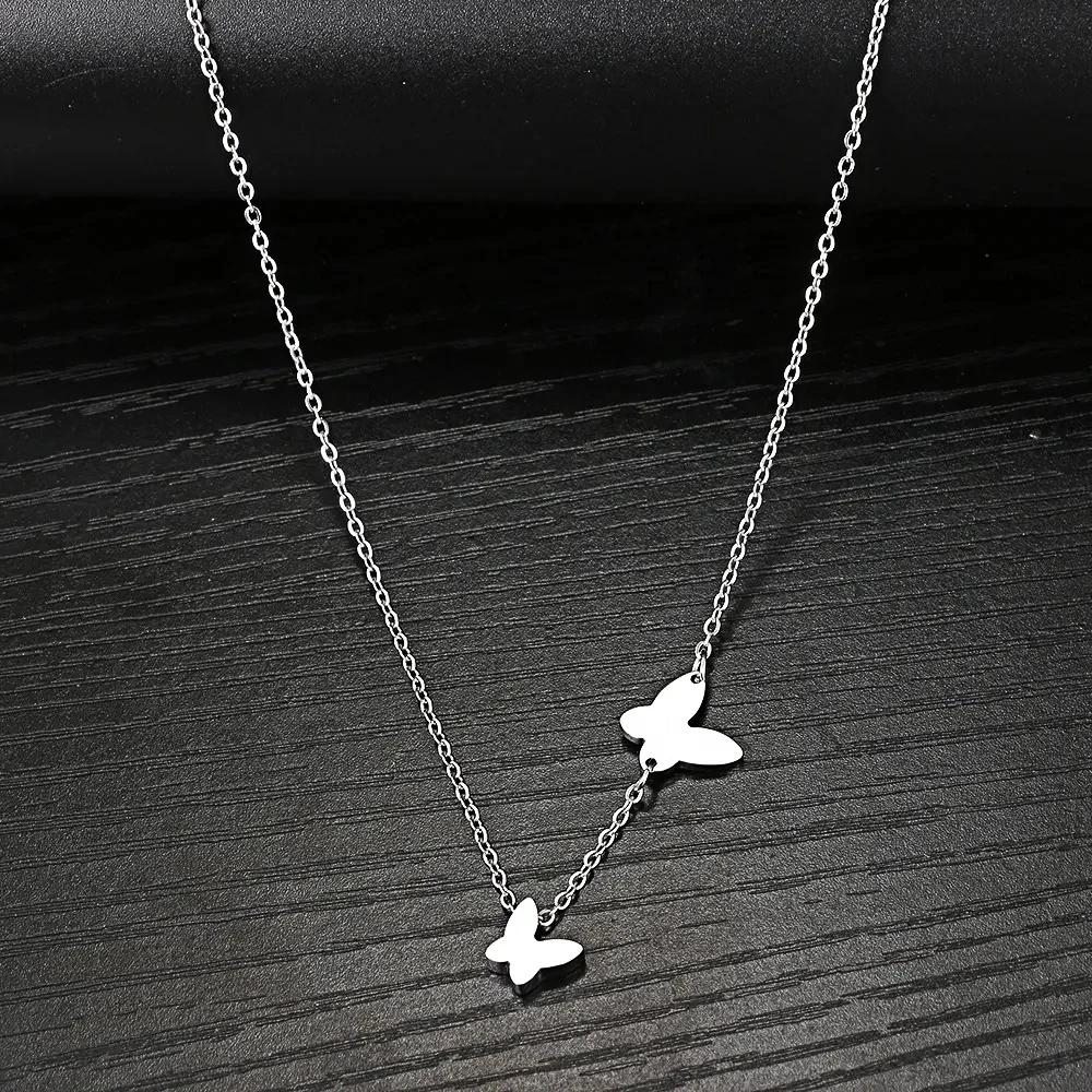 Hot Statement Gold Choker Stainless Steel Double Heart Butterfly Pendant Necklace for Women Non Tarnish Steel Butterfly Necklace
