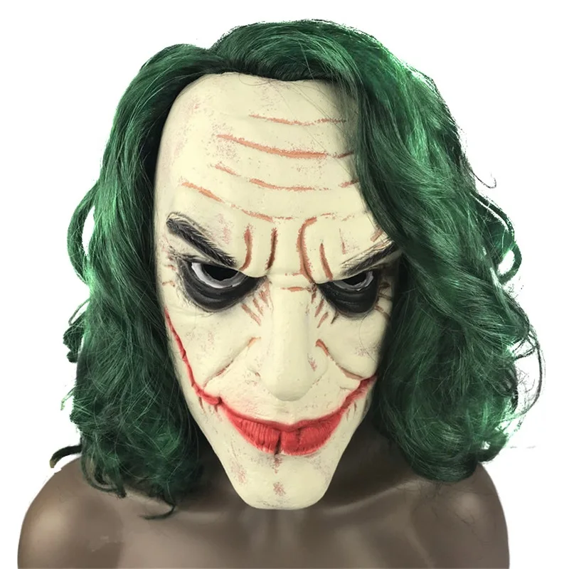 Halloween Joker Mask Adults Scary Killer Clown Joker Mask Hair Horror Smile Mask Costume Props Men Woman with Green Latex CN;GUA