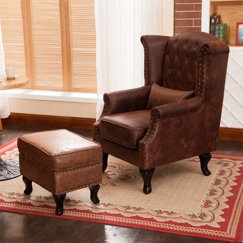 Wood Chesterfield Armchair Living Room Queen Anne High Back Wing Chair Linen Single Sofa Chair