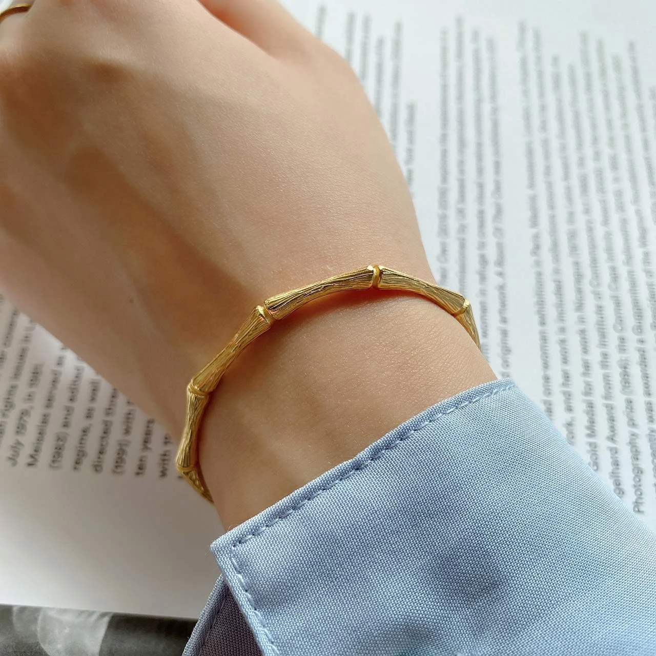 Hao Ying In stock  fine jewelry 925 sterling silver gold plated bamboo cuff bracelet