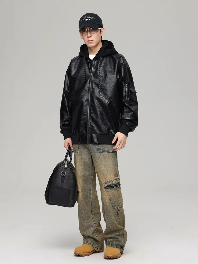OEM Custom Design spring autumn fake two piece hooded leather jacket for men