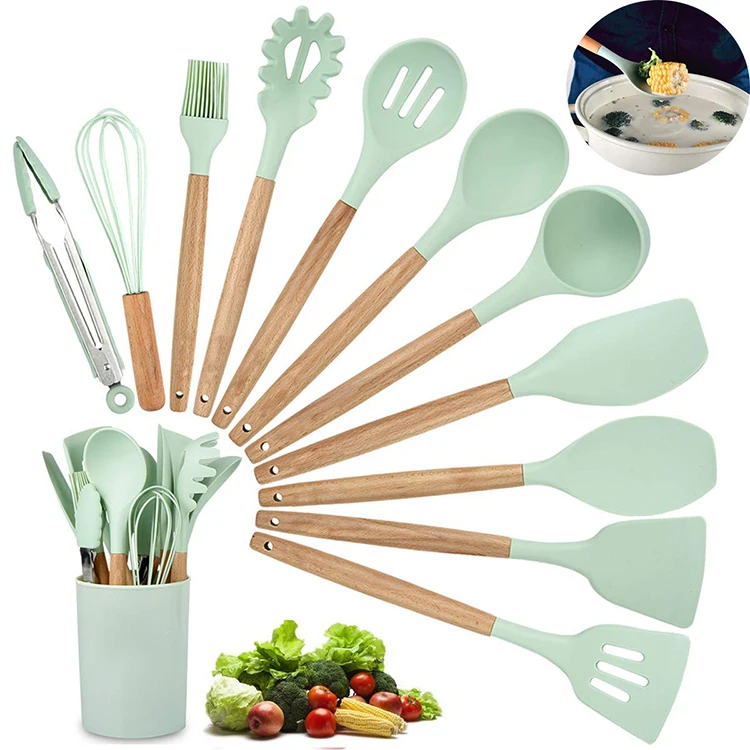 Ama Online Top Seller Product 12 Pieces Natural Wooden Handles Cooking Tool Gadgets Utensil Set BPA Free Spatula Spoon Tools