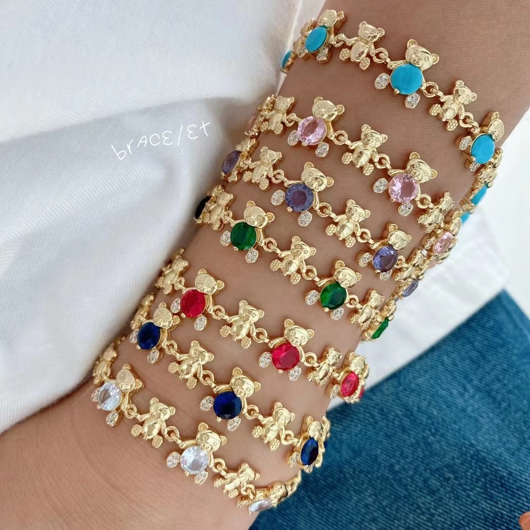 Teddy Bear Brass Gold Bracelet 18k Gold Plated Colorful Zircon Bear Jewelry Bracelet Animal Design Jewelry