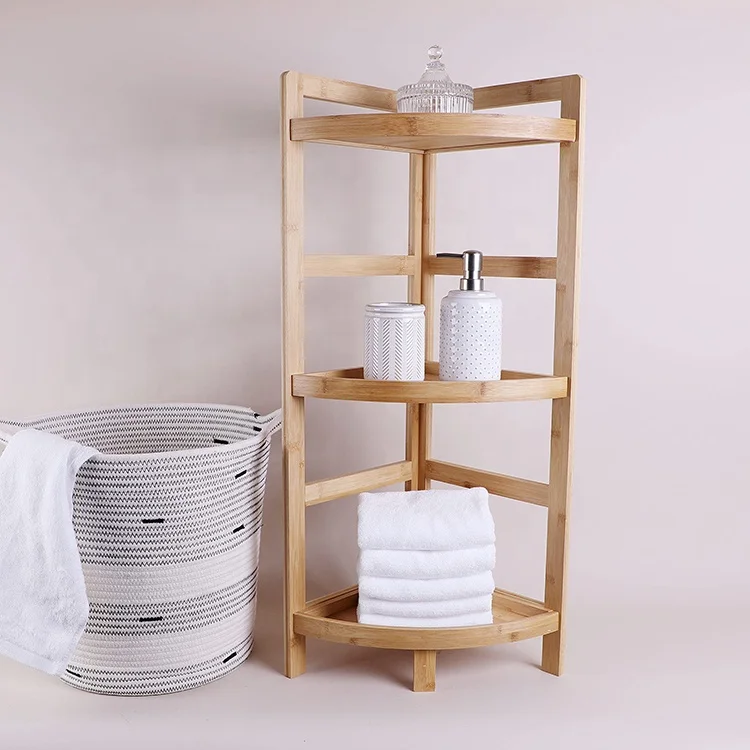
Eco friendly wooden bathroom storage rack organizer 3 tier bamboo Corner shelf for home 
