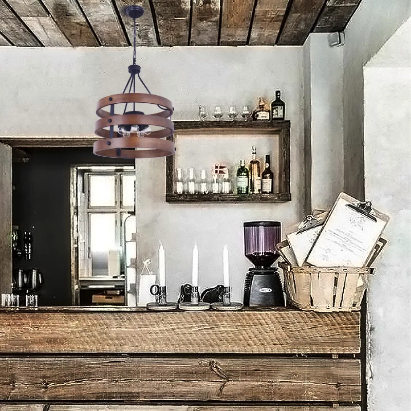 Nordic Industrial vintage iron wood Indoor retro loft Hanging pendant Light Metal Rustic round LED antique Wooden Chandelier
