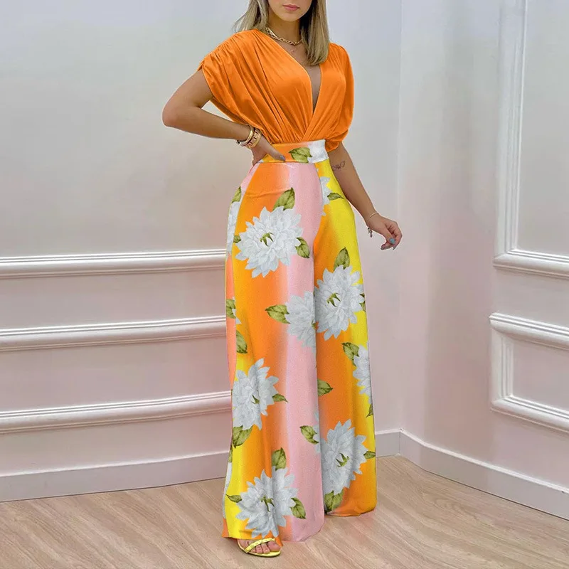 Stylish Women s Printed V neck Dress Set European and American Fashion High Waist Wide Leg