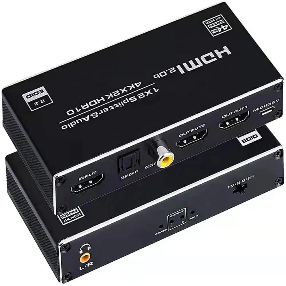 OZF6A 4K HDMI Splitter 1 in 2 Out with 3.5mm Audio Jack Coaxial SPDIF Audio Extract Function Support 4K@60Hz HDR HDCP2.3 3D