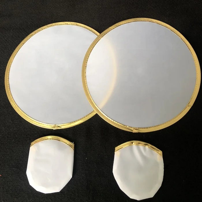 Golden 25cm blank polyester round foldable disc fan gold border rim mini pouch for sublimation