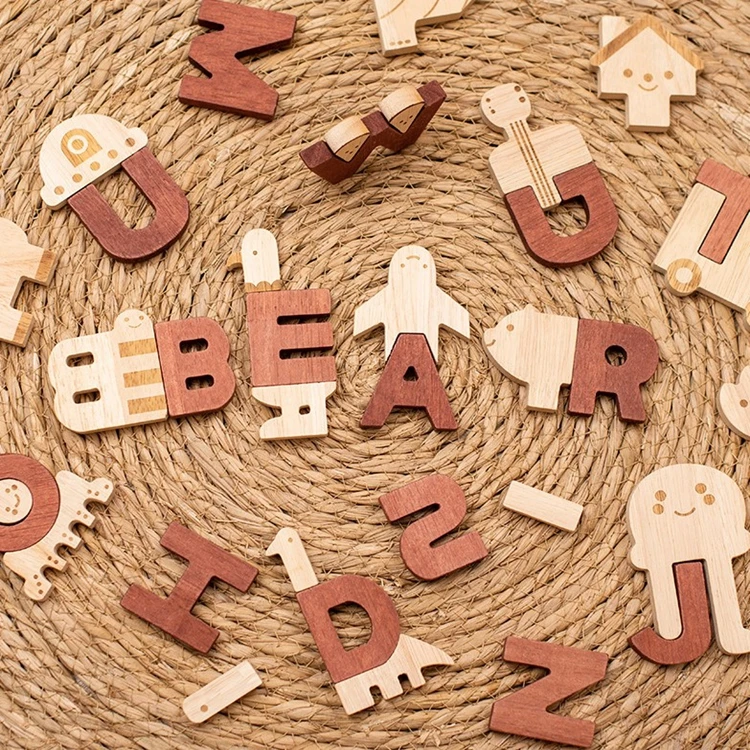 HOYE CRAFTS Creative alphabet letter blocks shape matching toy wooden cartoon stacking blocks